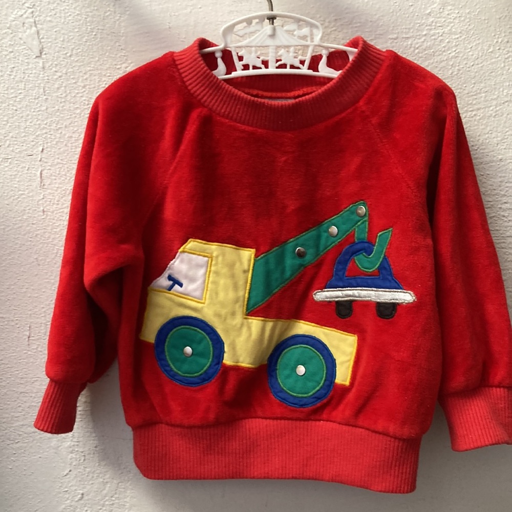 Vintage 80s red velour studded tow truck appliqué sweatshirt sweater sz 12 mos